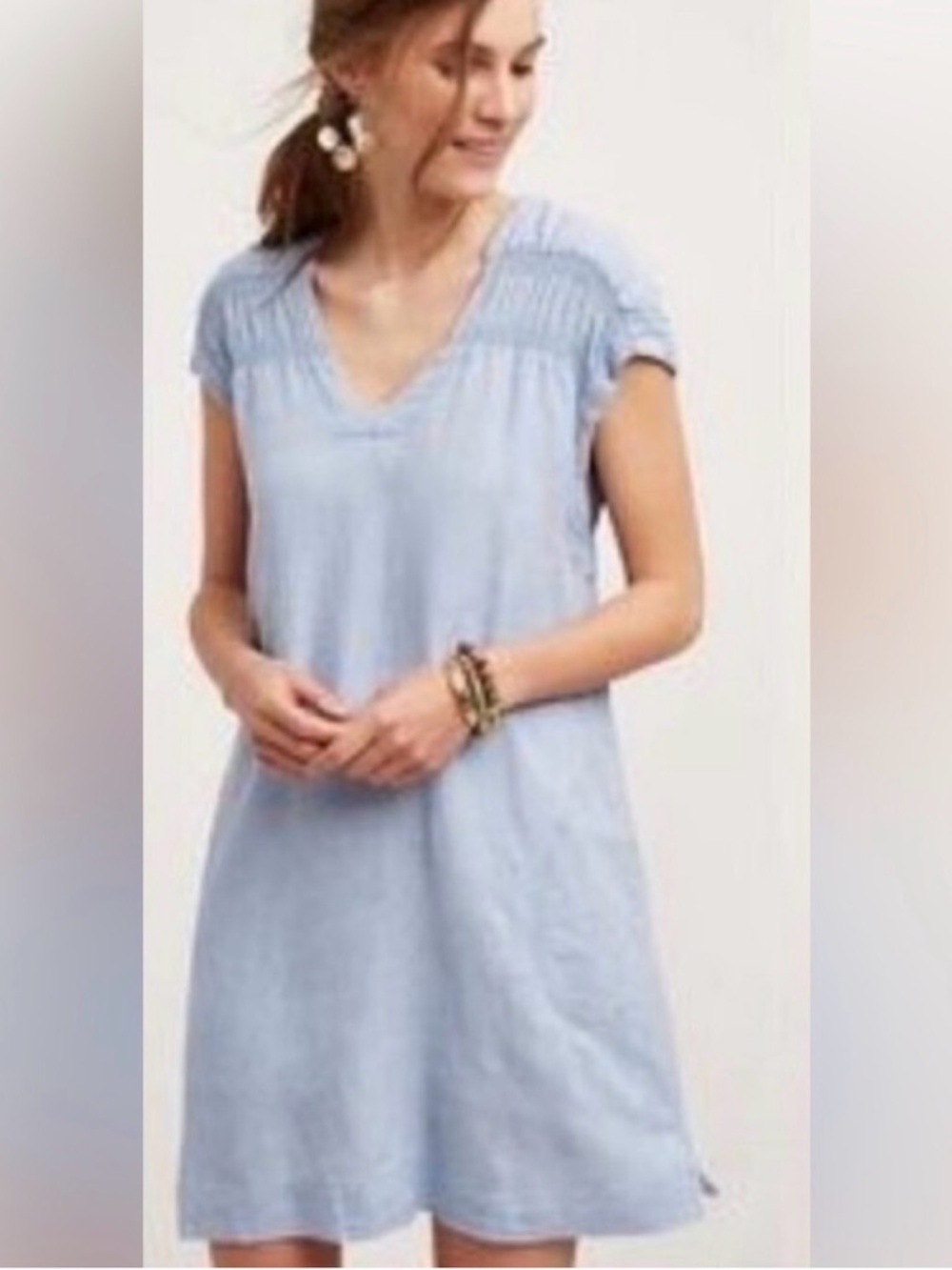 Anthropologie Maeve Paz Tunic Dress Size S Blue Floral Embroidered Linen Blend
